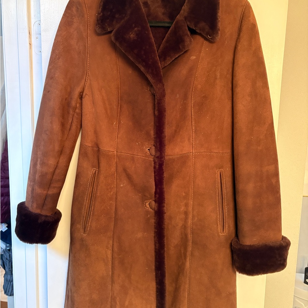 Clifford Michael Lamb Skin Brown Suede Coat with Faux Fur Trim